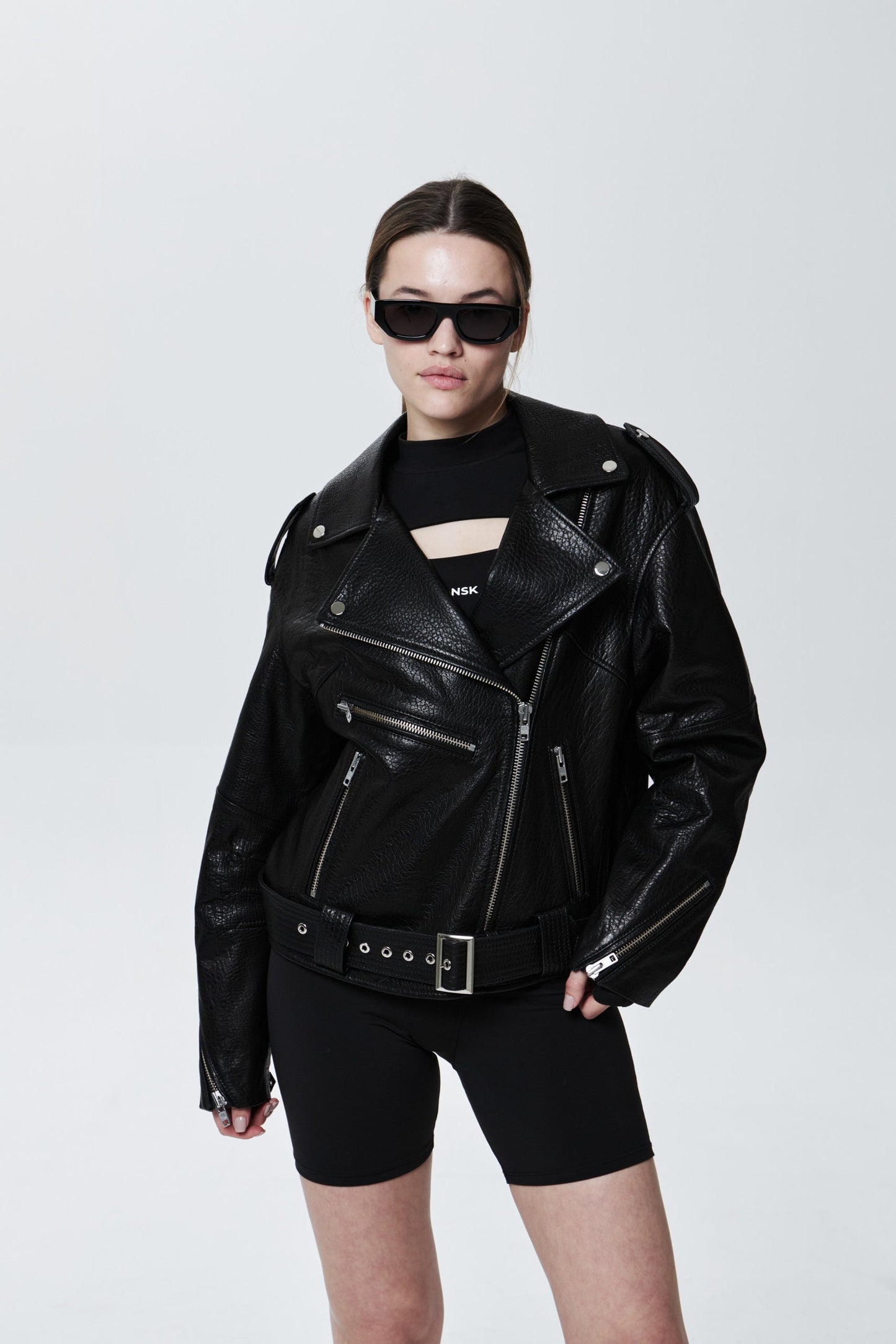 LEATHER BIKER JACKET VINTAGE Cropped Jacket DLNSK CROPPED LENGHT